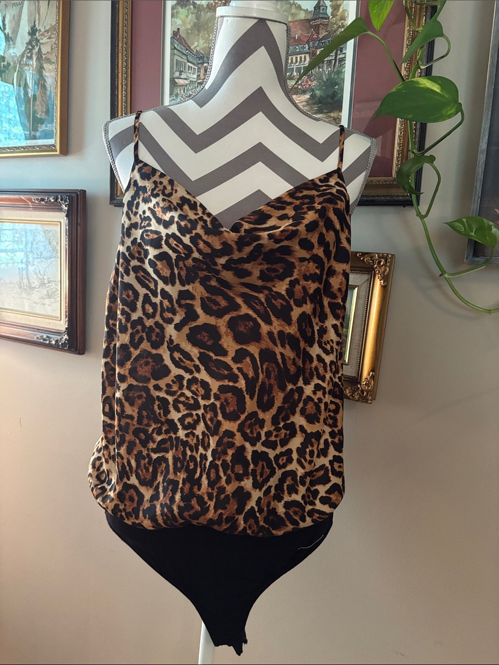 Gilli Leopard Print Cowl Neck Bodysuit - Brown/Black